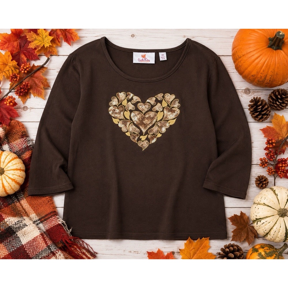 Quacker Factory Wearable Whimsy 2X Brown Sequin Heart 3/4 Sleeve Top Plus Size